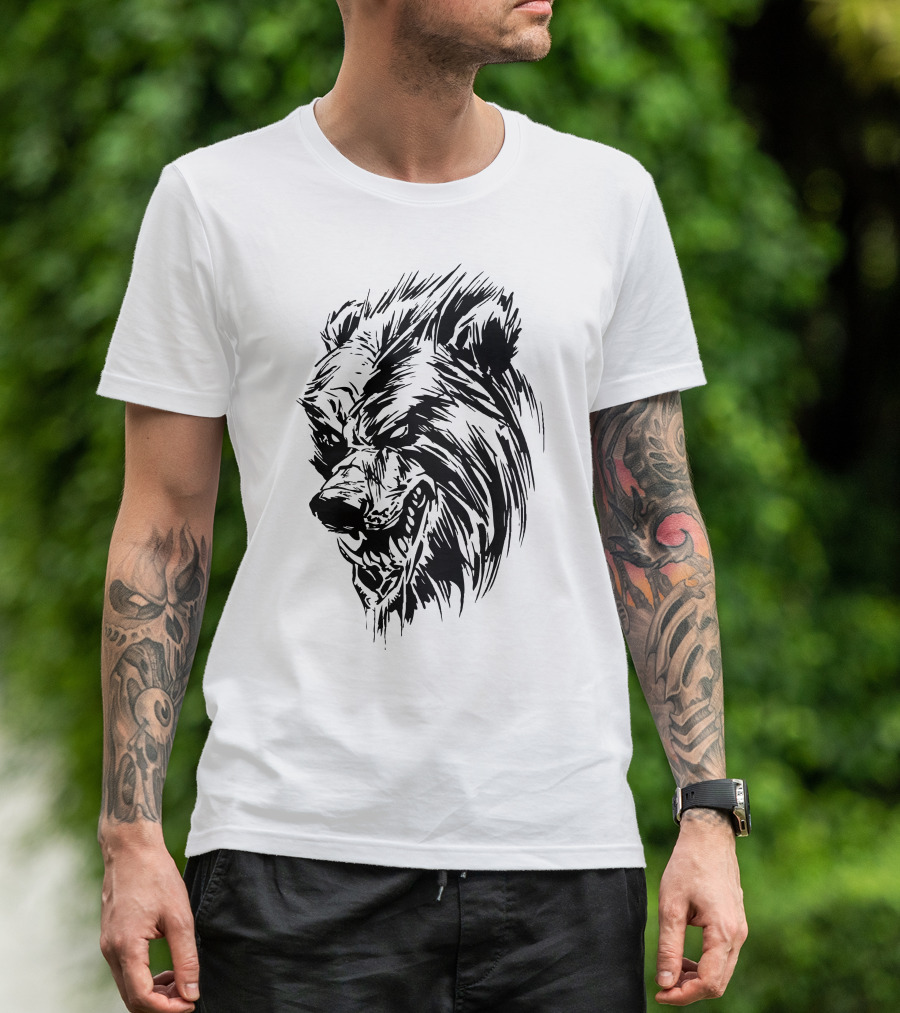 Black Werebear Fierce Glowing Eyes Grinning Wolf T-Shirt