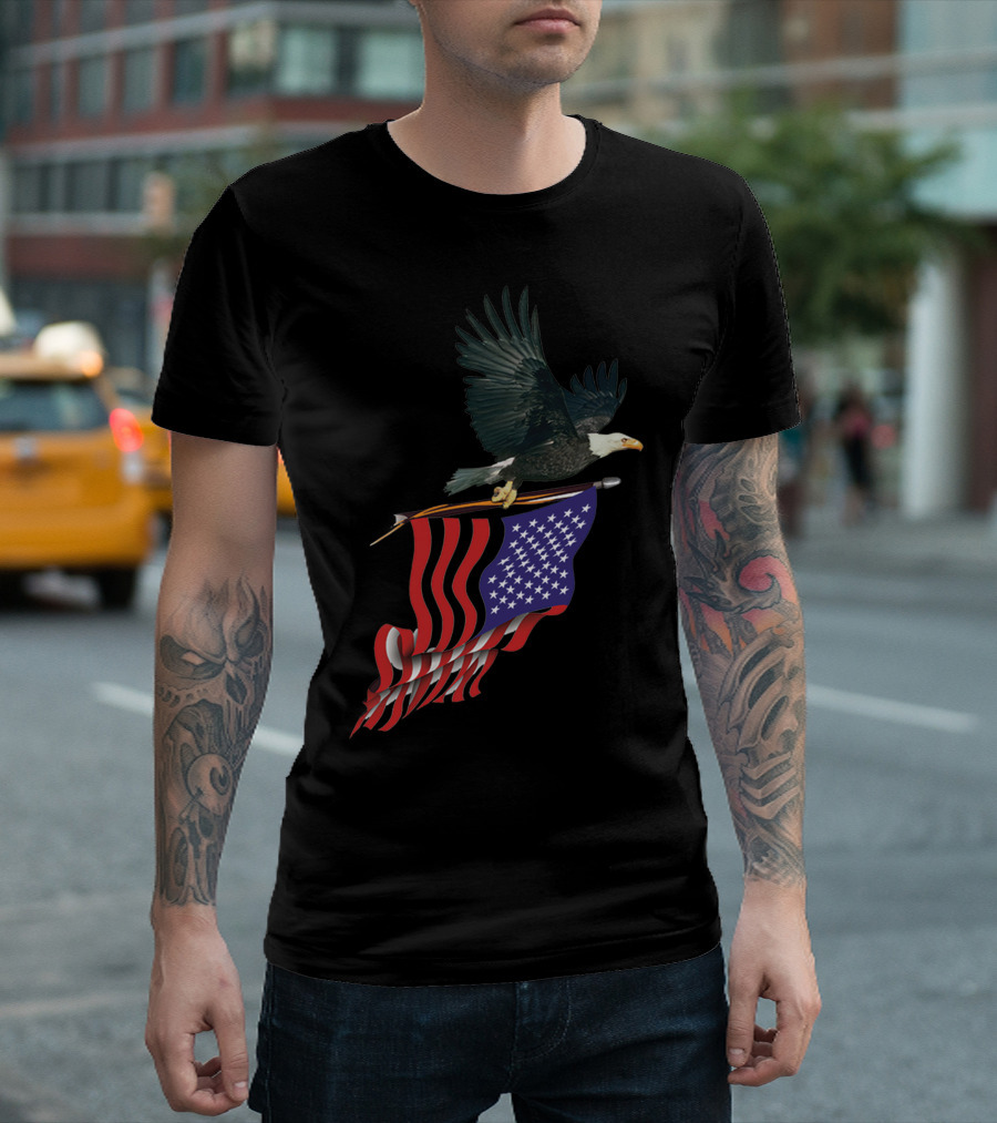 Eagle With American Flag Soaring Majestically In Flight T-Shirt