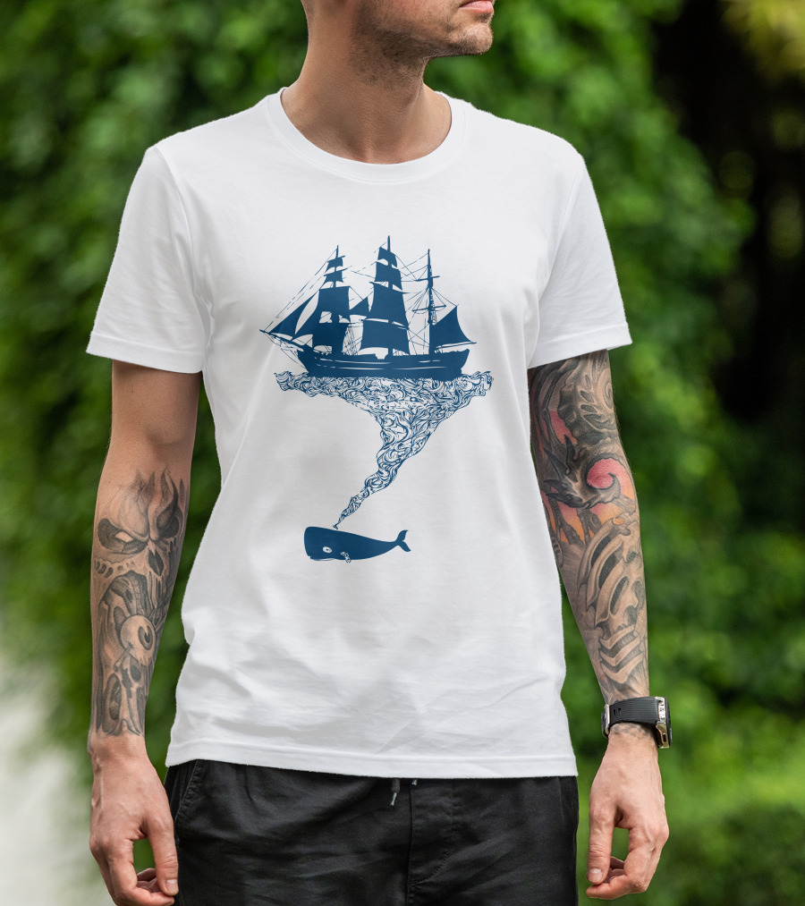 Exhaling Flotsam Blue Whale Sailing Ship Fusion T-Shirt