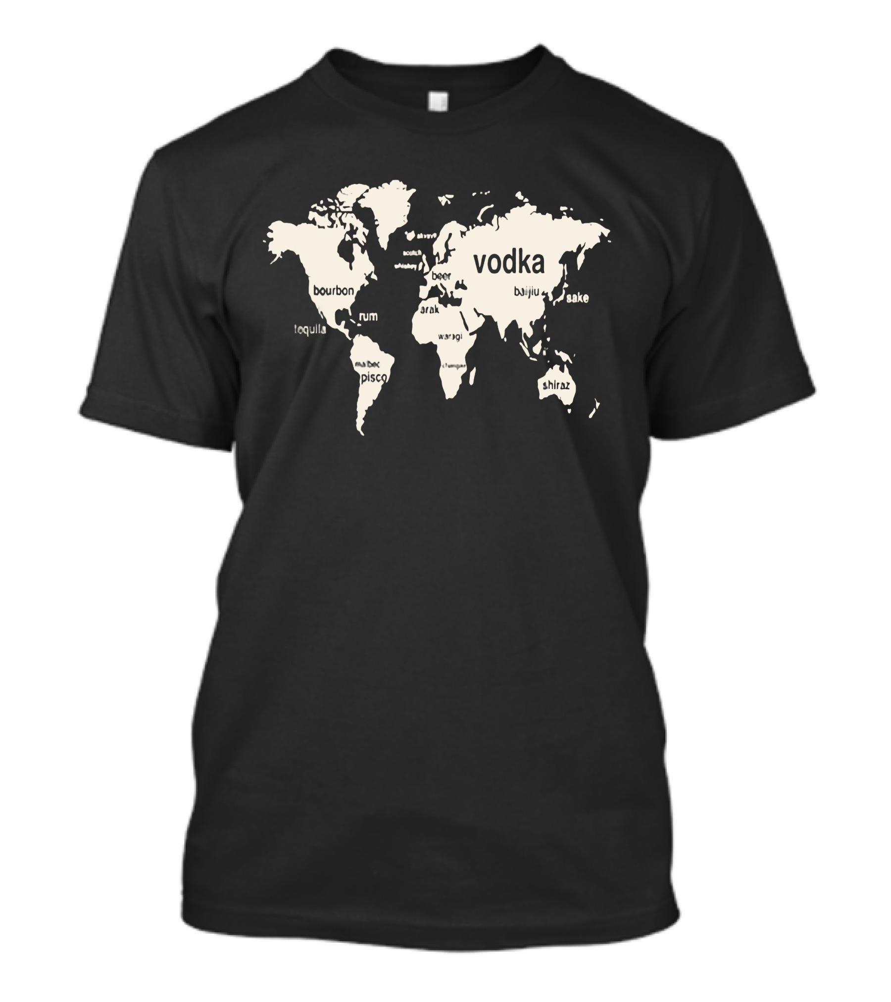 World Map Of Alcoholic Beverages Featuring Vodka, Bourbon, Rum, Beer, Sake, Tequila, Arak, Pisco, Wine, Shiraz T-Shirt