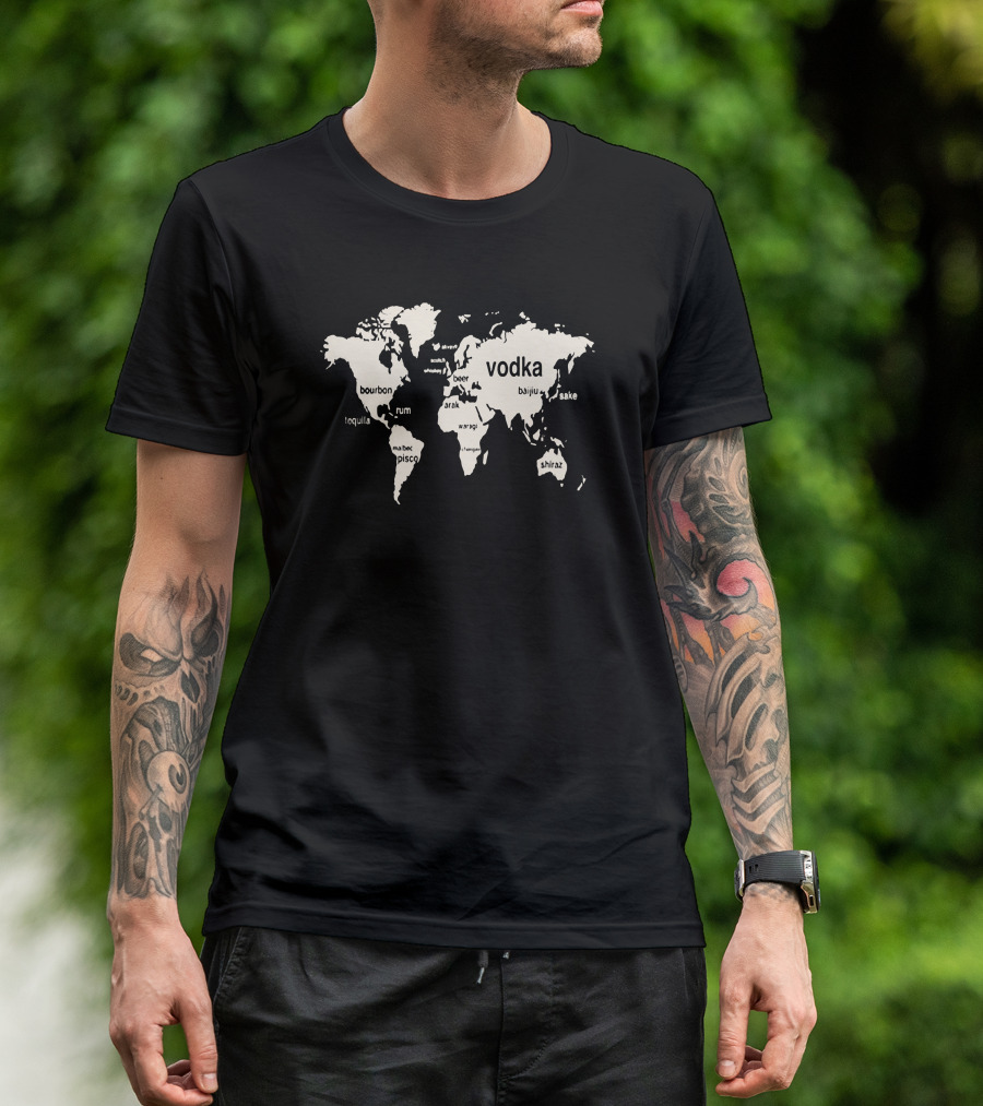 World Map Of Alcoholic Beverages Featuring Vodka, Bourbon, Rum, Beer, Sake, Tequila, Arak, Pisco, Wine, Shiraz T-Shirt