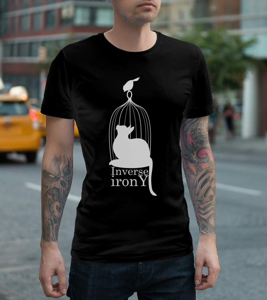 Inverse Irony Cat Inside Birdcage With Bird On Top T-Shirt