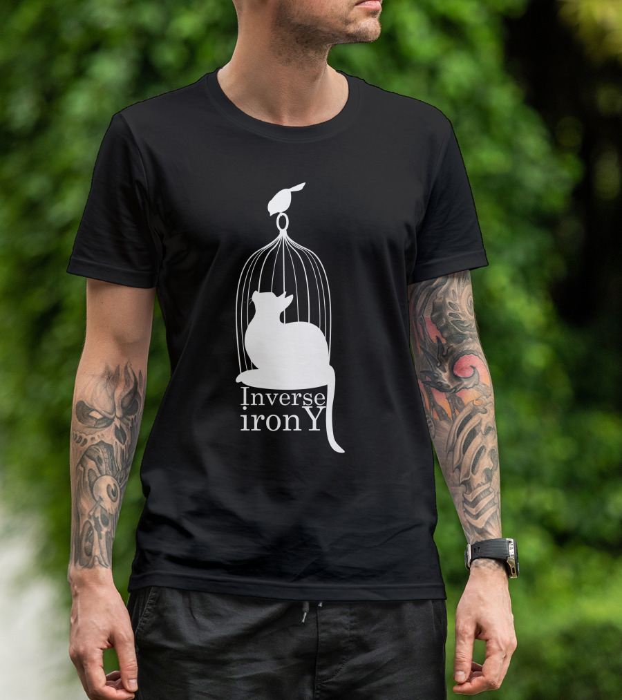 Inverse Irony Cat Inside Birdcage With Bird On Top T-Shirt