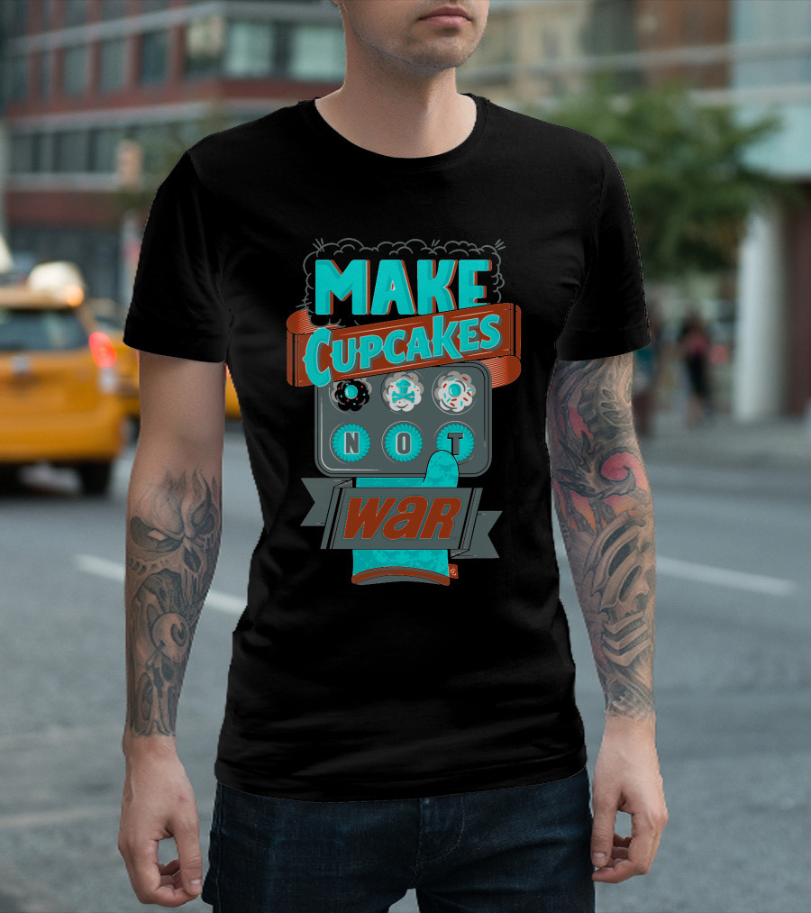 Make Cupcakes Not War Vintage Style Text with Oven Mitt and Cupcake Tray T-Shirt