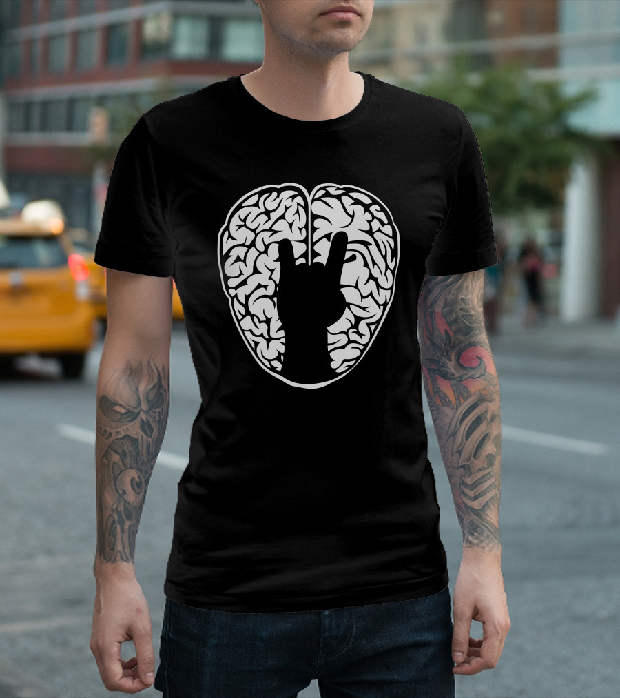 Nerd N Proud Brain Rock Hand Gesture T-Shirt