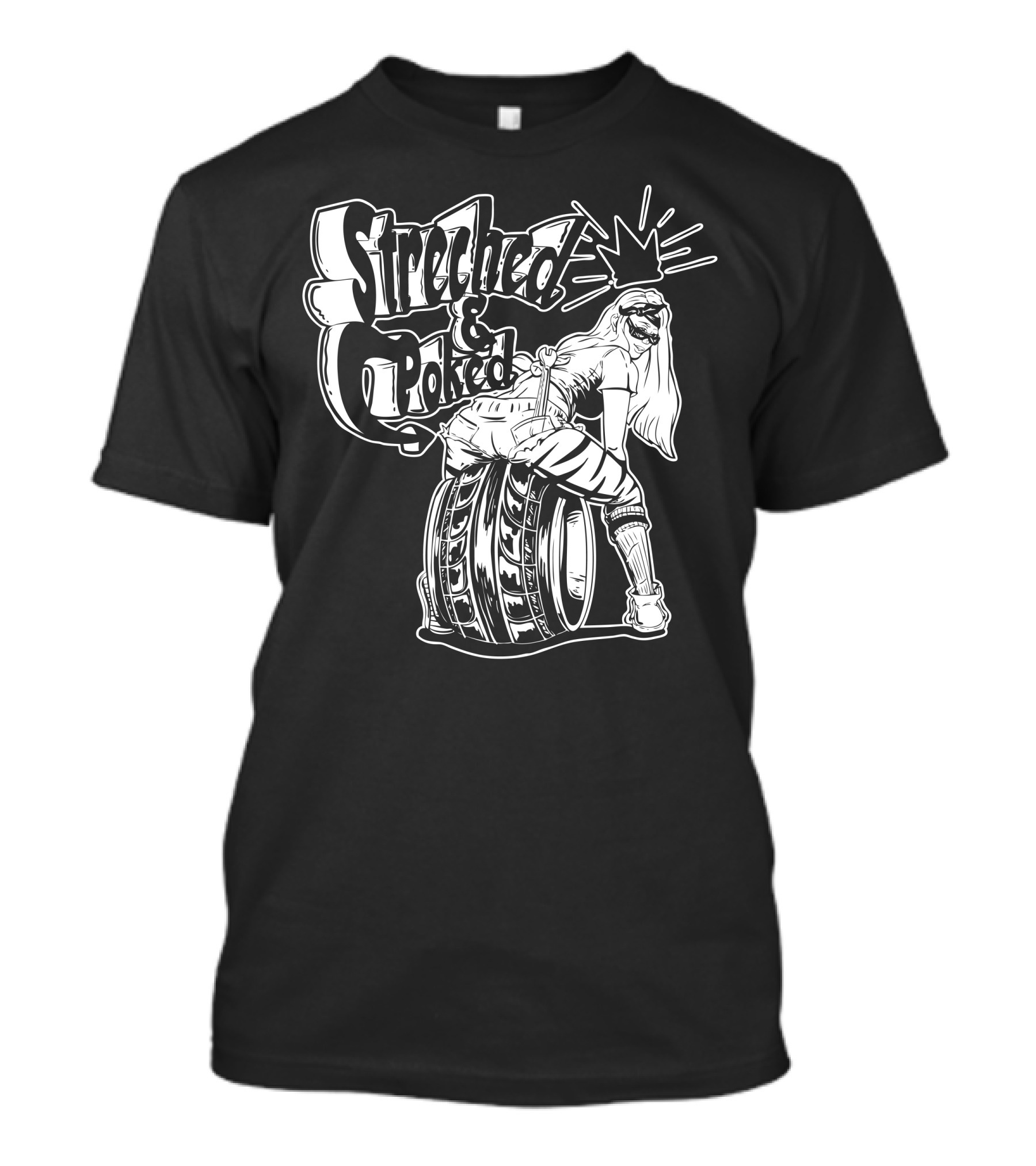 Streched And Poked Girl Posing On Stacked Tires With Crown And Shades T-Shirt
