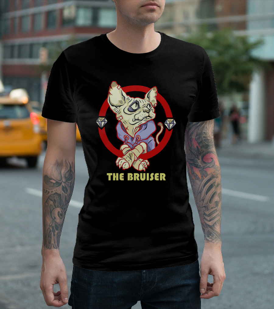 Sphynx Cat The Bruiser in Hoodie with Diamonds and Red Circle T-Shirt