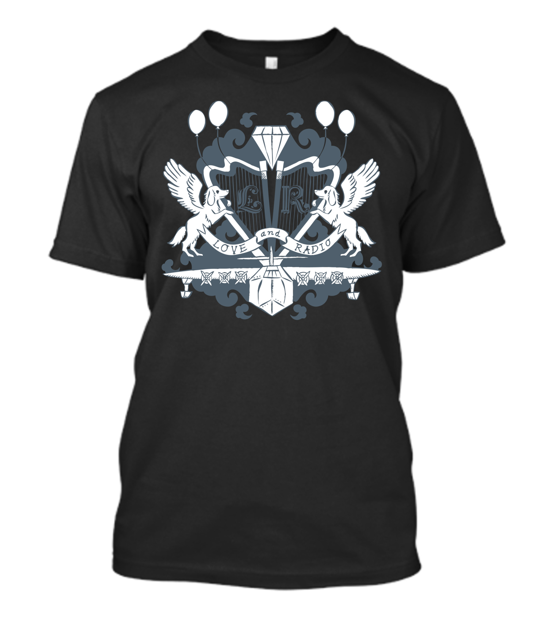 Love And Radio Winged Dog Crests With Balloons And Diamonds T-Shirt