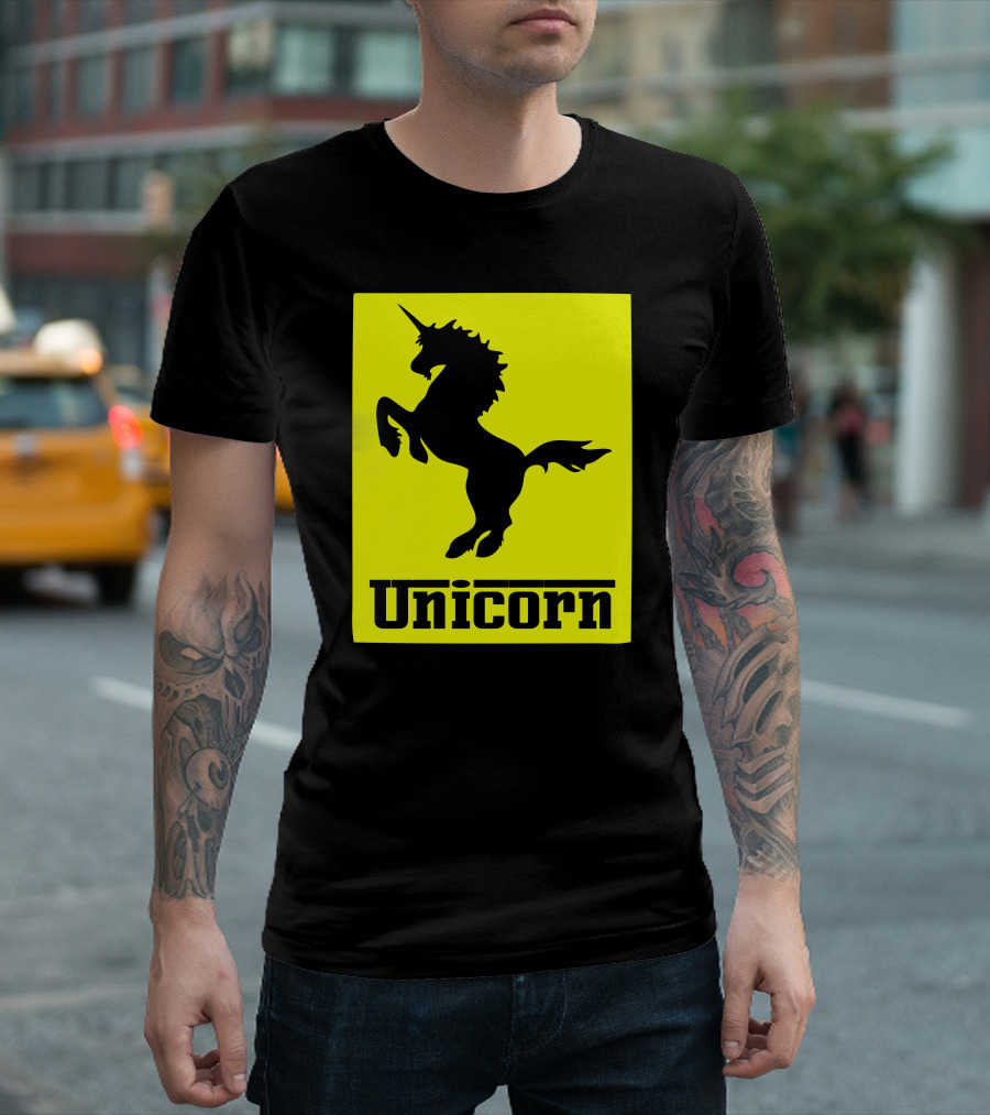Unicorn Ferrari Car Logo Parody Black Yellow T-Shirt