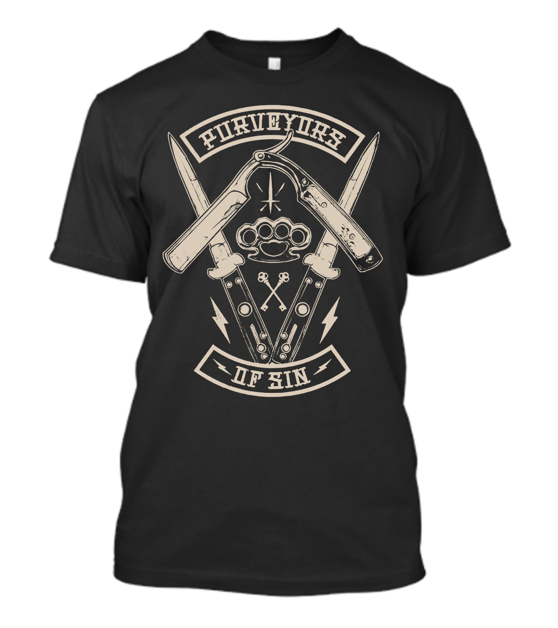 Purveyors Of Sin Razor Knife Brass Knuckles Crossbones Dagger Lightning T-Shirt