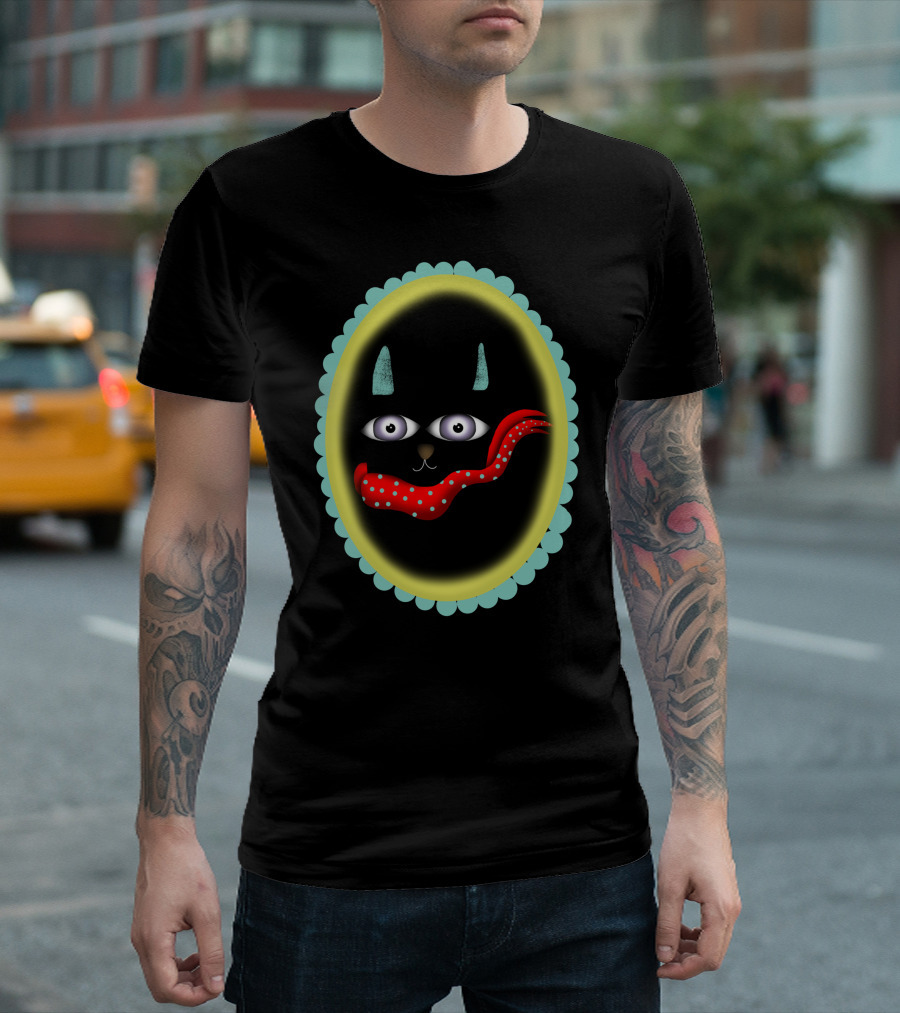Scarf Kitty Cat Polka Dot Red Scarf Oval Frame Black Feline T-Shirt