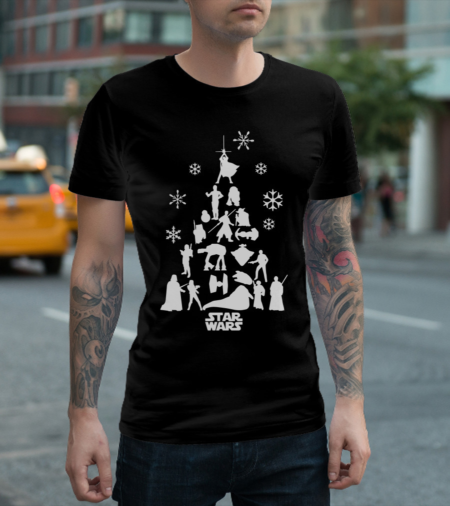 Star Wars Christmas Tree Silhouettes Featuring Characters and Snowflakes T-Shirt