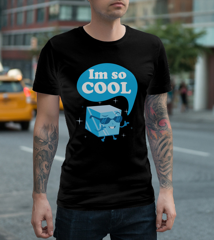 Im So Cool Ice Cube Character in Sunglasses with Blue Speech Bubble T-Shirt