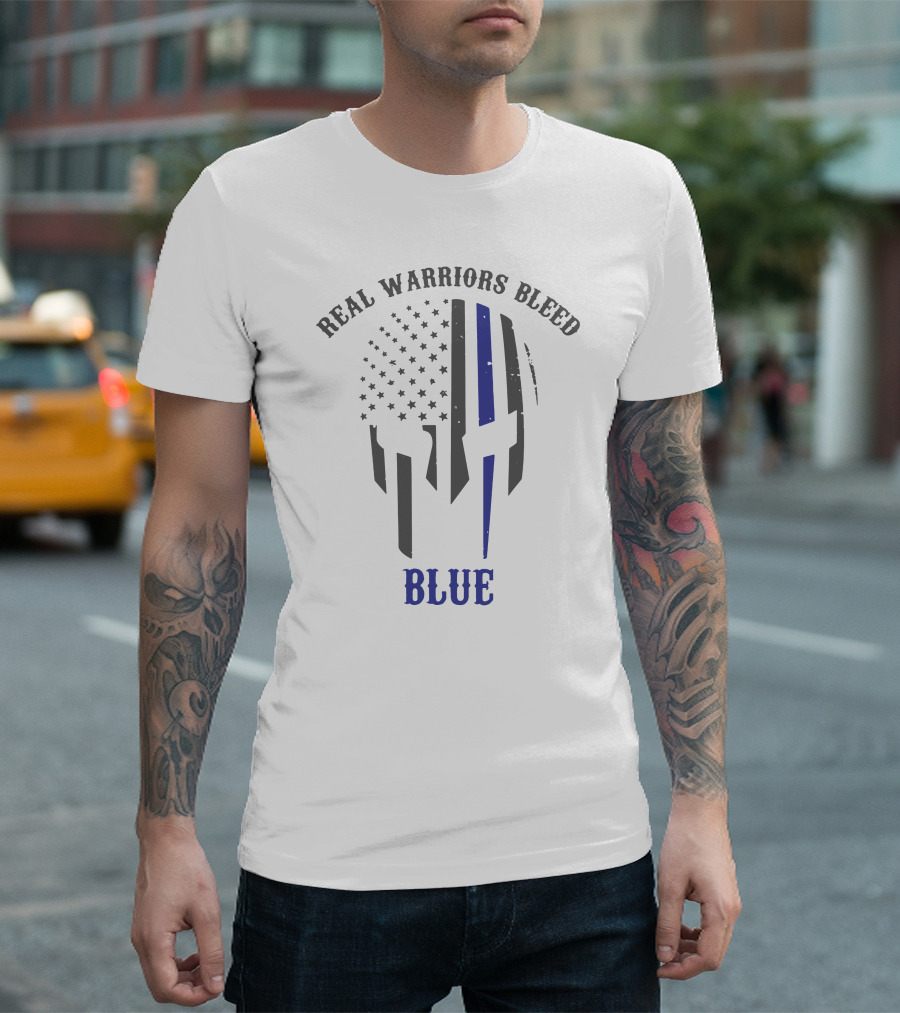 Real Warriors Bleed Blue American Flag Spartan Helmet T-Shirt