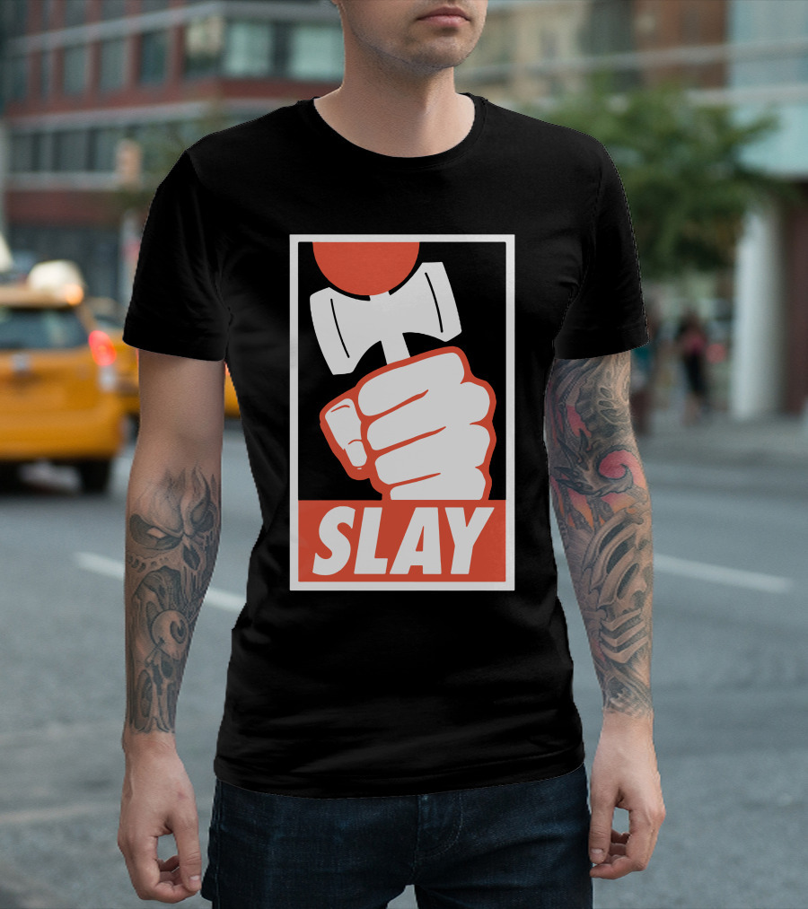 SLAY Fist Hammer Retro Badge T-Shirt