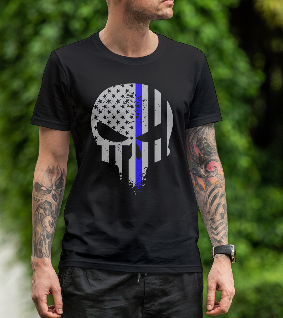 Thin Blue Line American Flag Skull Emblem T-Shirt
