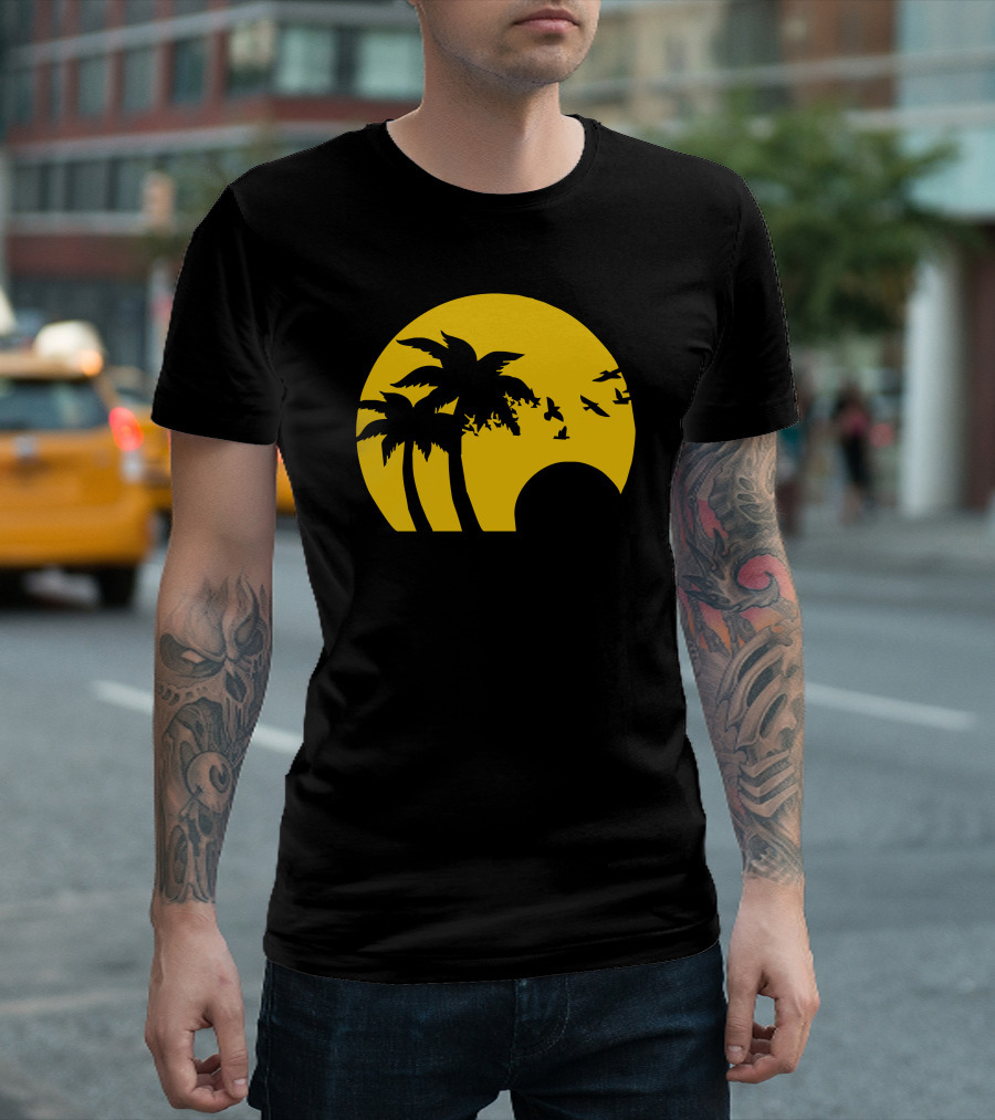 Beach Sunset with Birds and Palm Trees T-Shirt