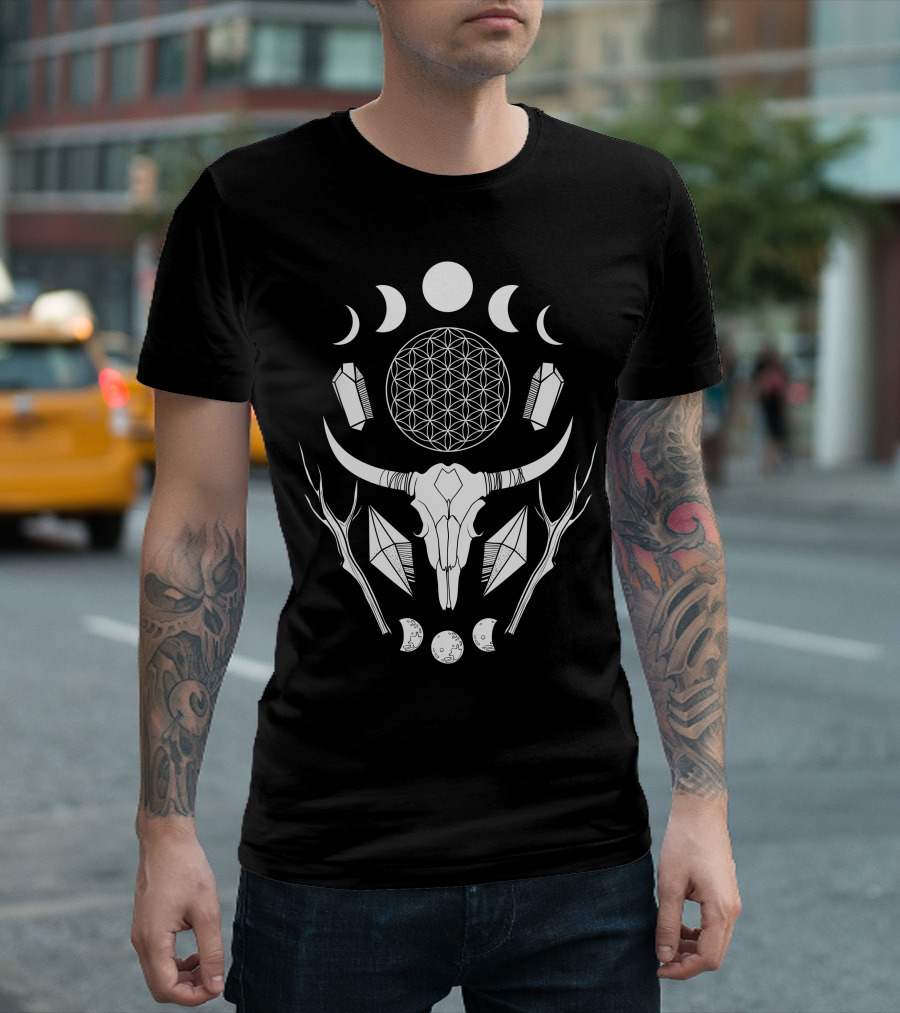 Crystal Moon Phases And Geometric Bull Skull With Crystals And Sacred Geometry T-Shirt