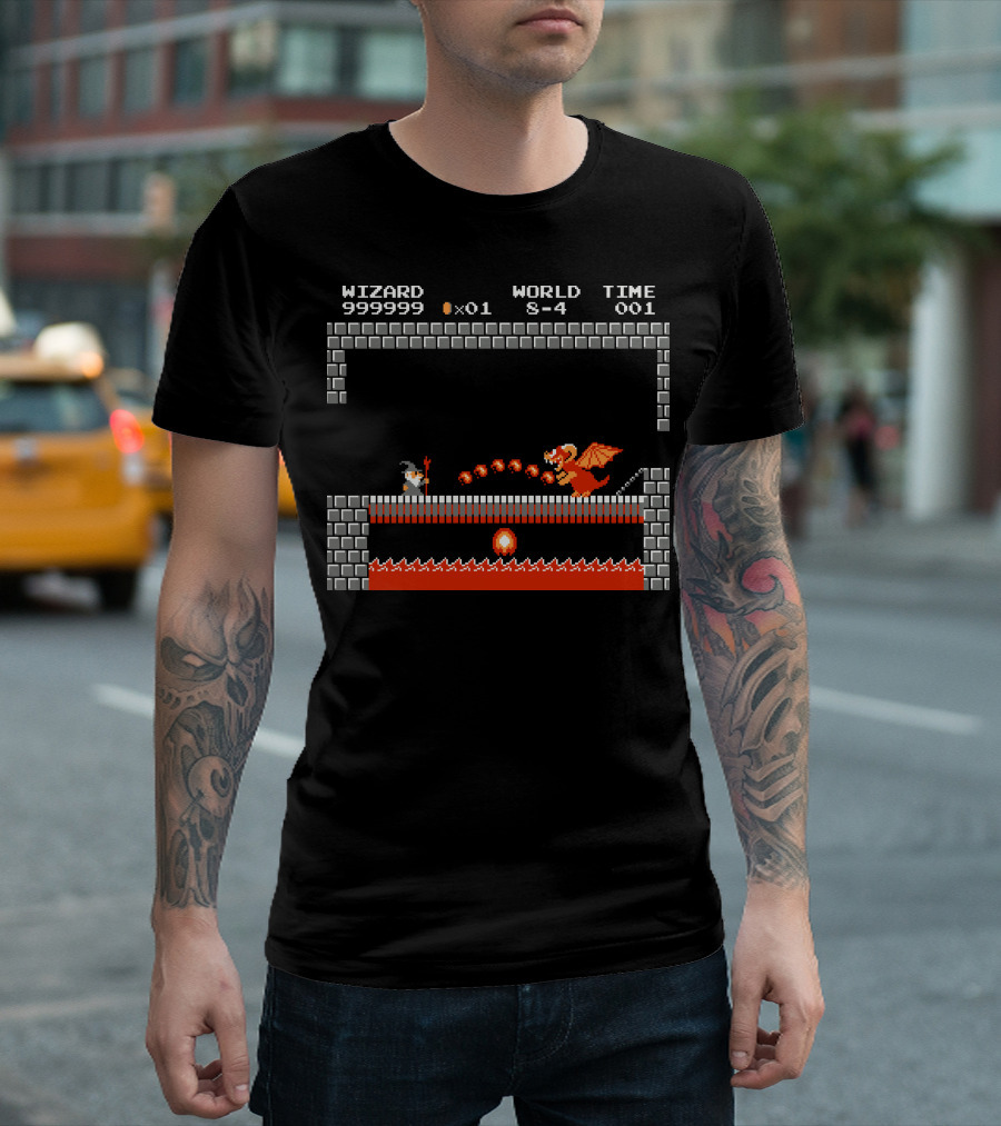 WIZARD WORLD 8-4 TIME 001 Fly You Fools Retro Video Game Lava Dragon Scene T-Shirt