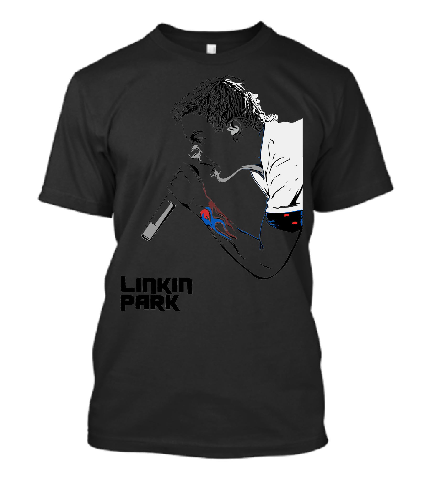 Linkin Park Singer Illustration With Microphone And Flame Tattoo T-Shirt