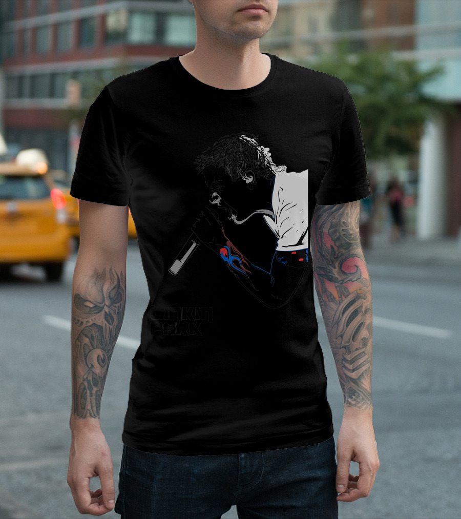 Linkin Park Singer Illustration With Microphone And Flame Tattoo T-Shirt