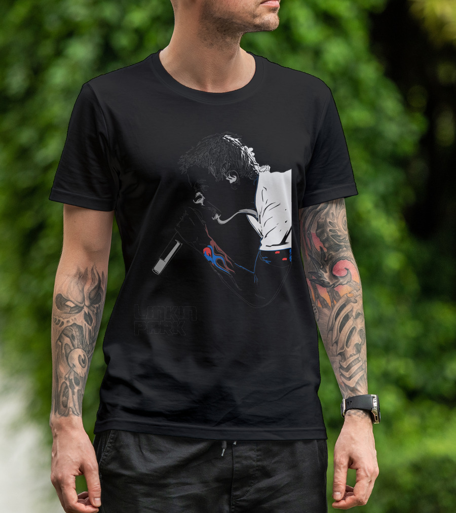 Linkin Park Singer Illustration With Microphone And Flame Tattoo T-Shirt