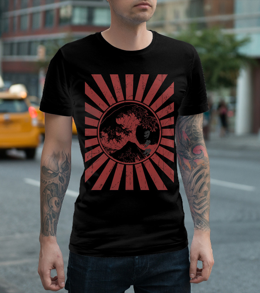 Rising Sun Otaku Wave with Red Great Wave Kanagawa T-Shirt