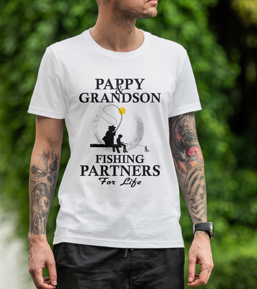 Pappy And Grandson Fishing Partners For Life Silhouette With Moon And Fishing Rod T-Shirt