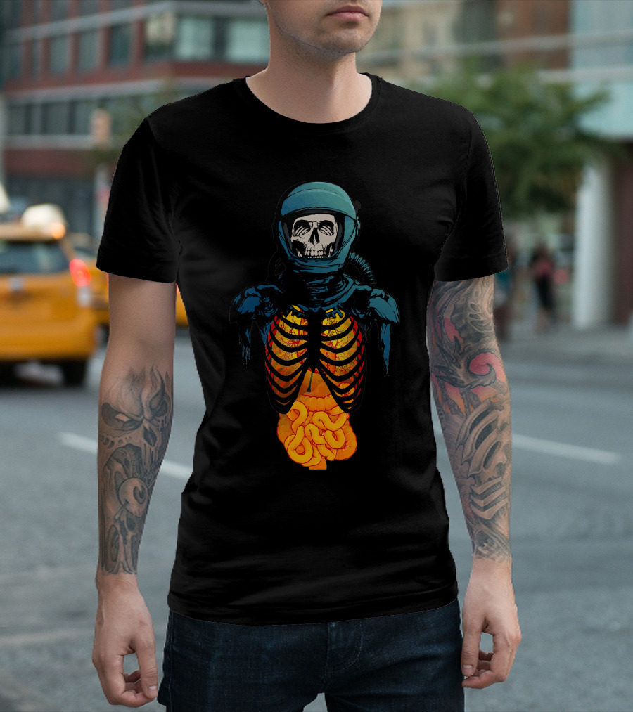 Space Skeleton in Astronaut Suit with Visible Ribcage and Intestines T-Shirt