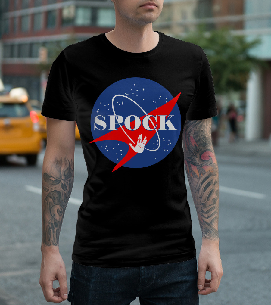 Spock NASA Logo with Vulcan Salute Starry Background T-Shirt