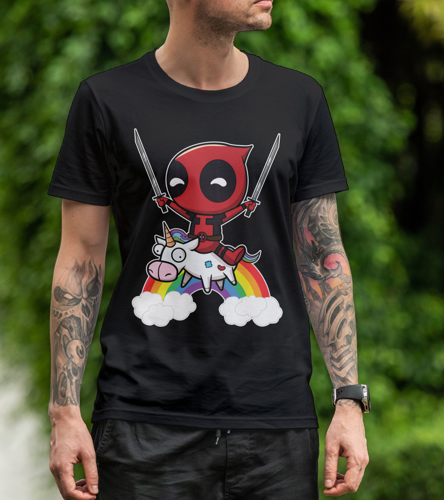 Deadpool Riding The Unicorn With Rainbow T-Shirt
