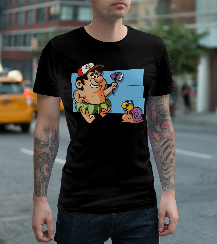 Adventure Island Kid with Axe and Snail on Blue Stripes T-Shirt