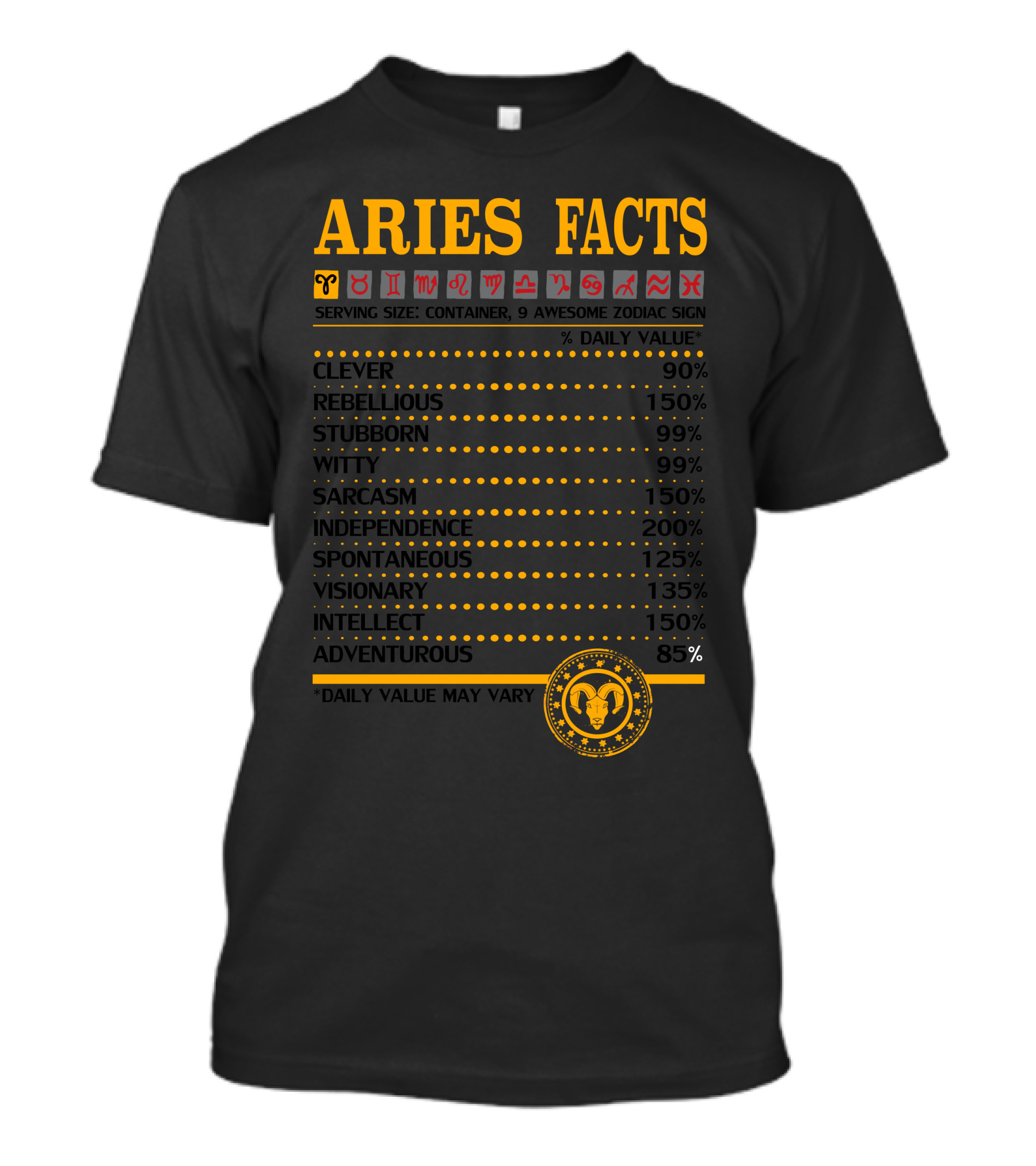 ARIES FACTS CLEVER REBELLIOUS STUBBORN WITTY SARCASM INDEPENDENCE SPONTANEOUS VISIONARY INTELLECT ADVENTUROUS ZODIAC SIGNS T-Shirt