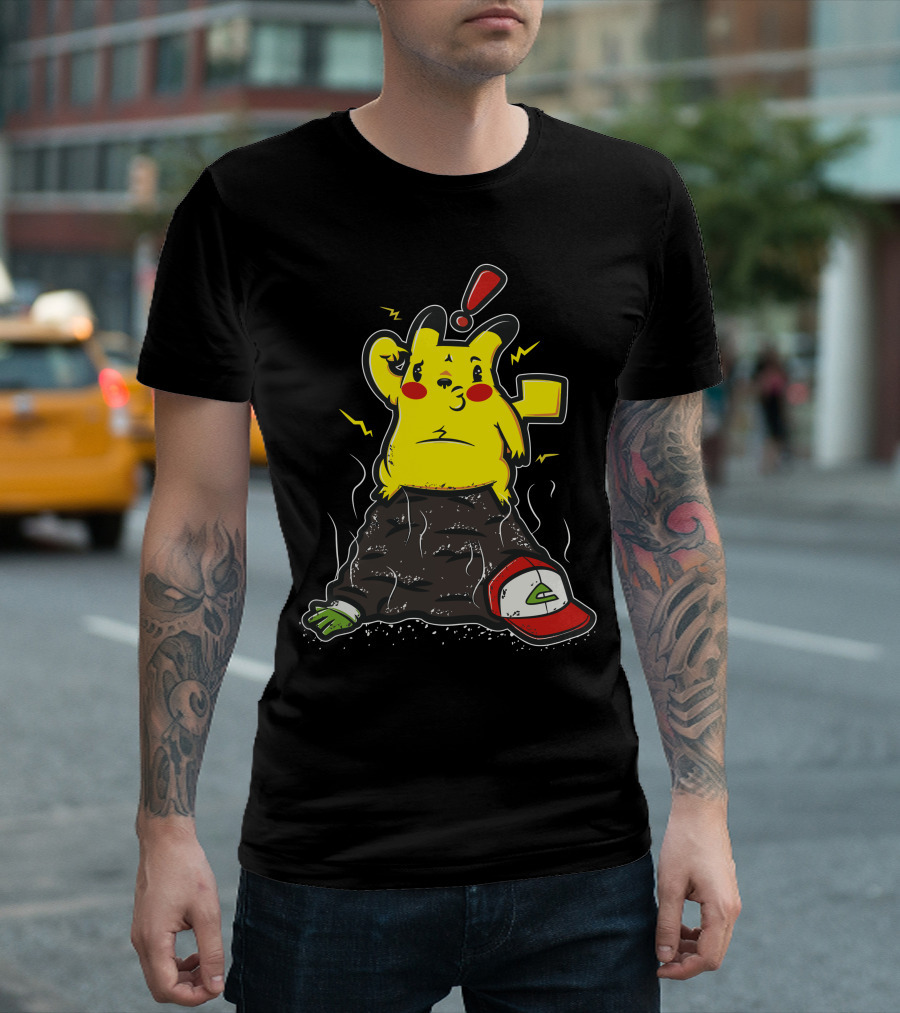 Pikachu Shocked Sitting on Ash Ketchum Hat and Glove with Exclamation Bolt T-Shirt