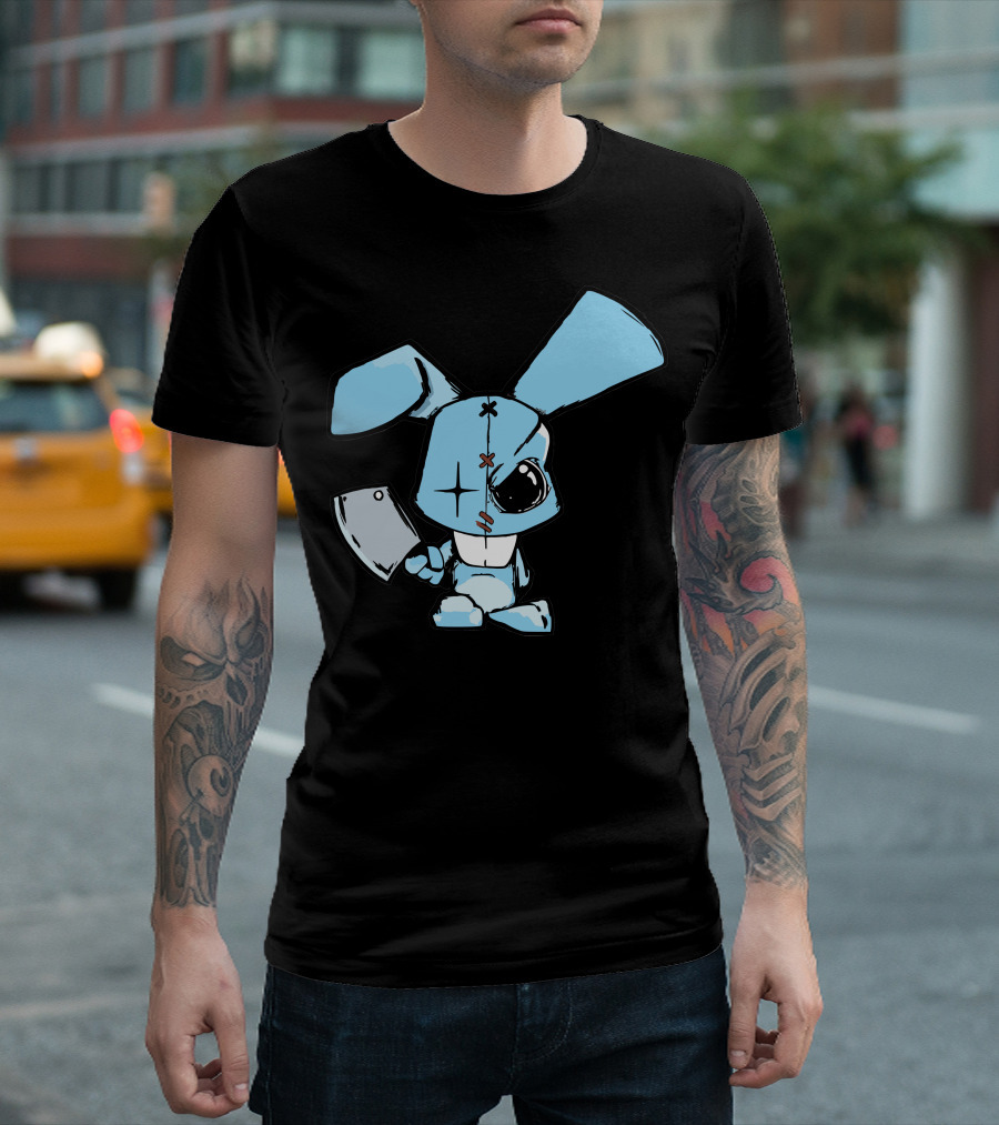 Evil Rabbit Creepy Blue Bunny with Cleaver and Stitches T-Shirt