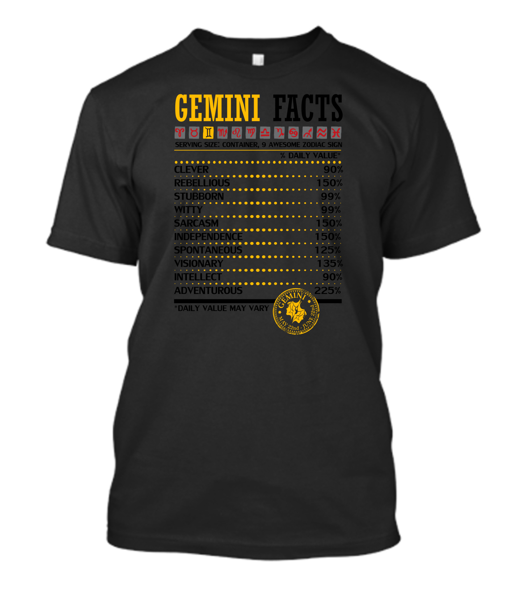 Gemini Facts Zodiac Sign Clever Rebellious Stubborn Witty Sarcasm Independence Spontaneous Visionary Intellect Adventurous T-Shirt