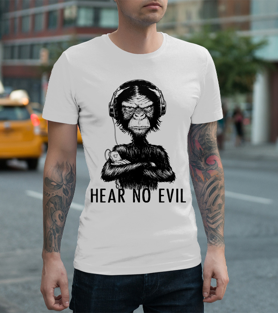 Hear No Evil Monkey Listening to Music with Headphones T-Shirt