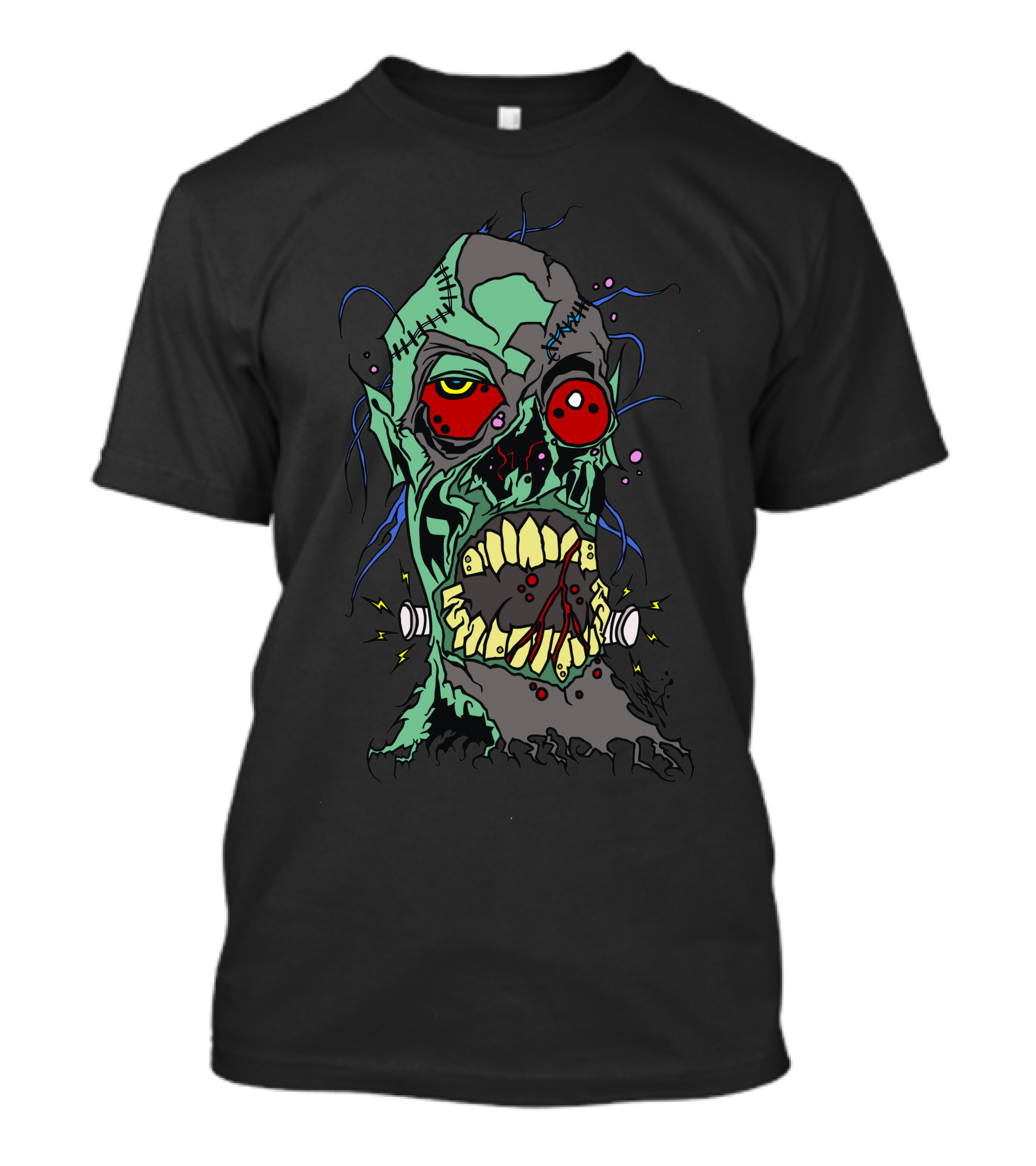 Hooks Zombie Tattoo Horror Face With Stitches And Bulging Red Eyes T-Shirt