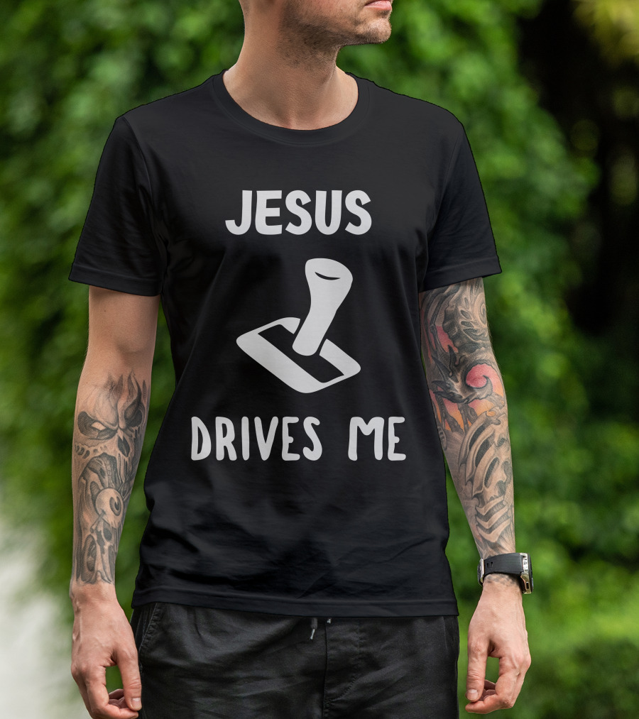 Jesus Drives Me Gear Shift Motif T-Shirt