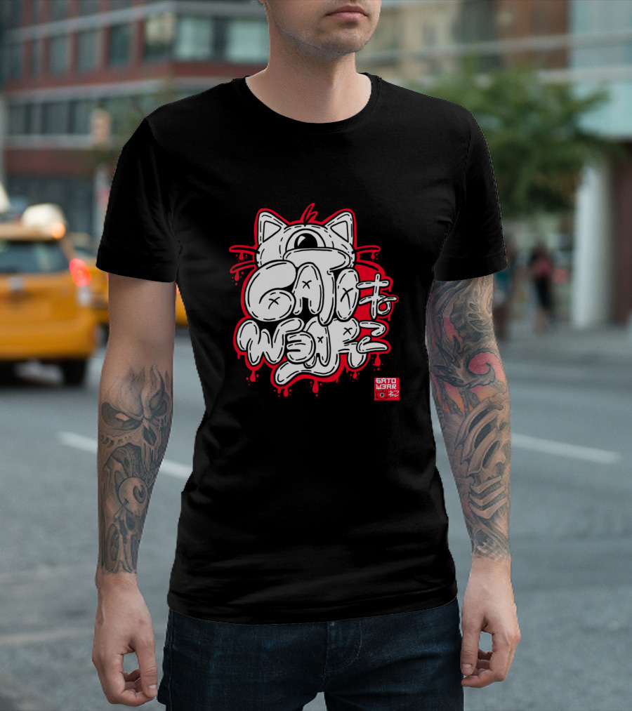 GATO WARS Monochrome Graffiti Tag with Maneki-Neko Red Accents T-Shirt
