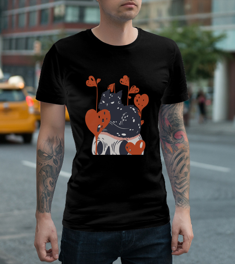 Angry Cat Resting on a Skull with Heart-Shaped Plants T-Shirt