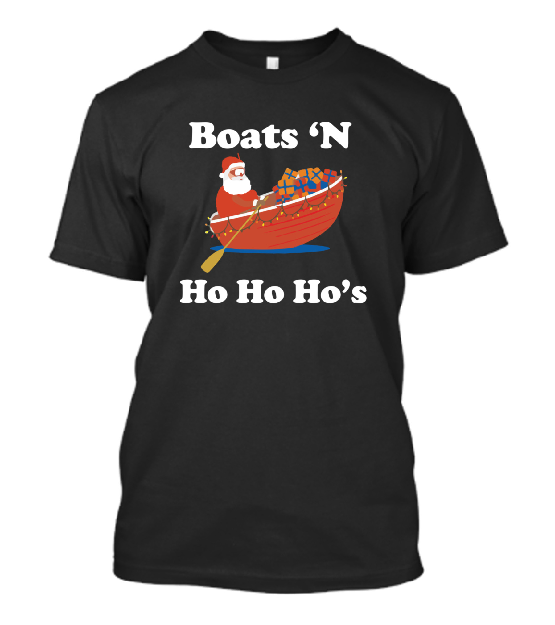 Boats 'N Ho Ho Ho's Santa In Rowboat With Gifts And Lights T-Shirt