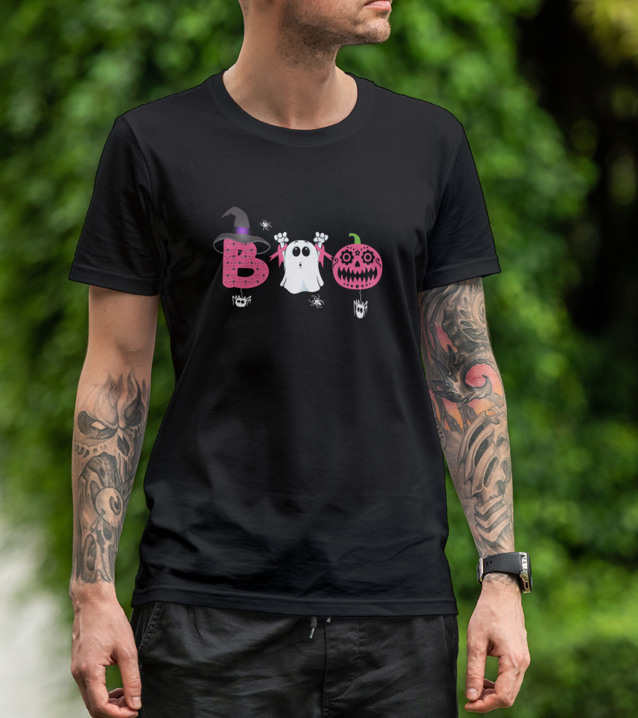 Boo Breast Cancer Awareness Ghost Halloween Pink Ribbon Pumpkin T-Shirt