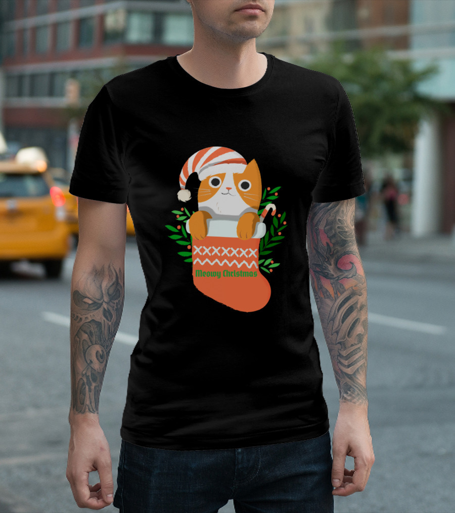 Meowy Christmas Cute Cat in Stocking T-Shirt