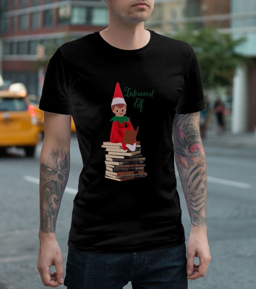 Introvert Elf Reading Over A Stack Of Books T-Shirt