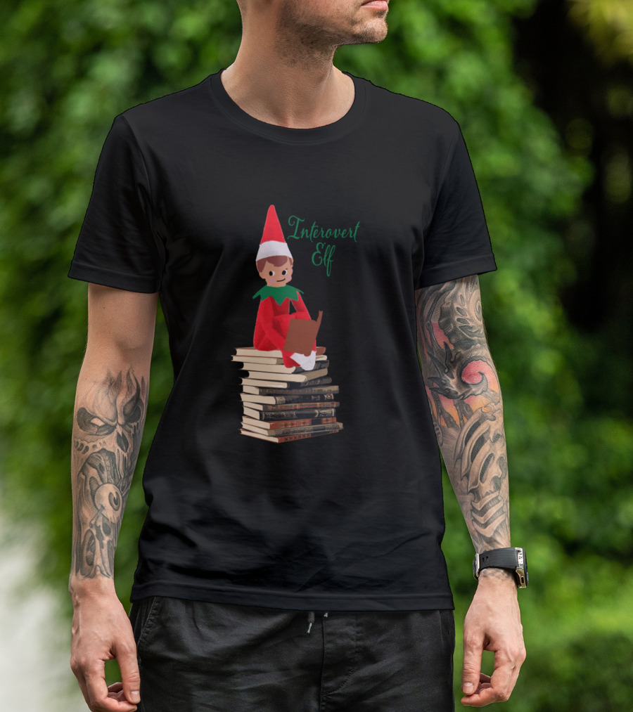 Introvert Elf Reading Over A Stack Of Books T-Shirt