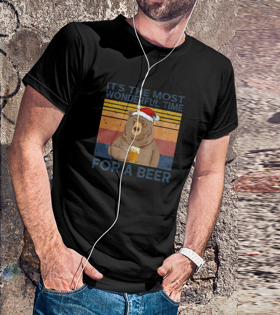 It's The Most Wonderful Time For A Beer Bear Santa Hat Vintage Stripes T-Shirt
