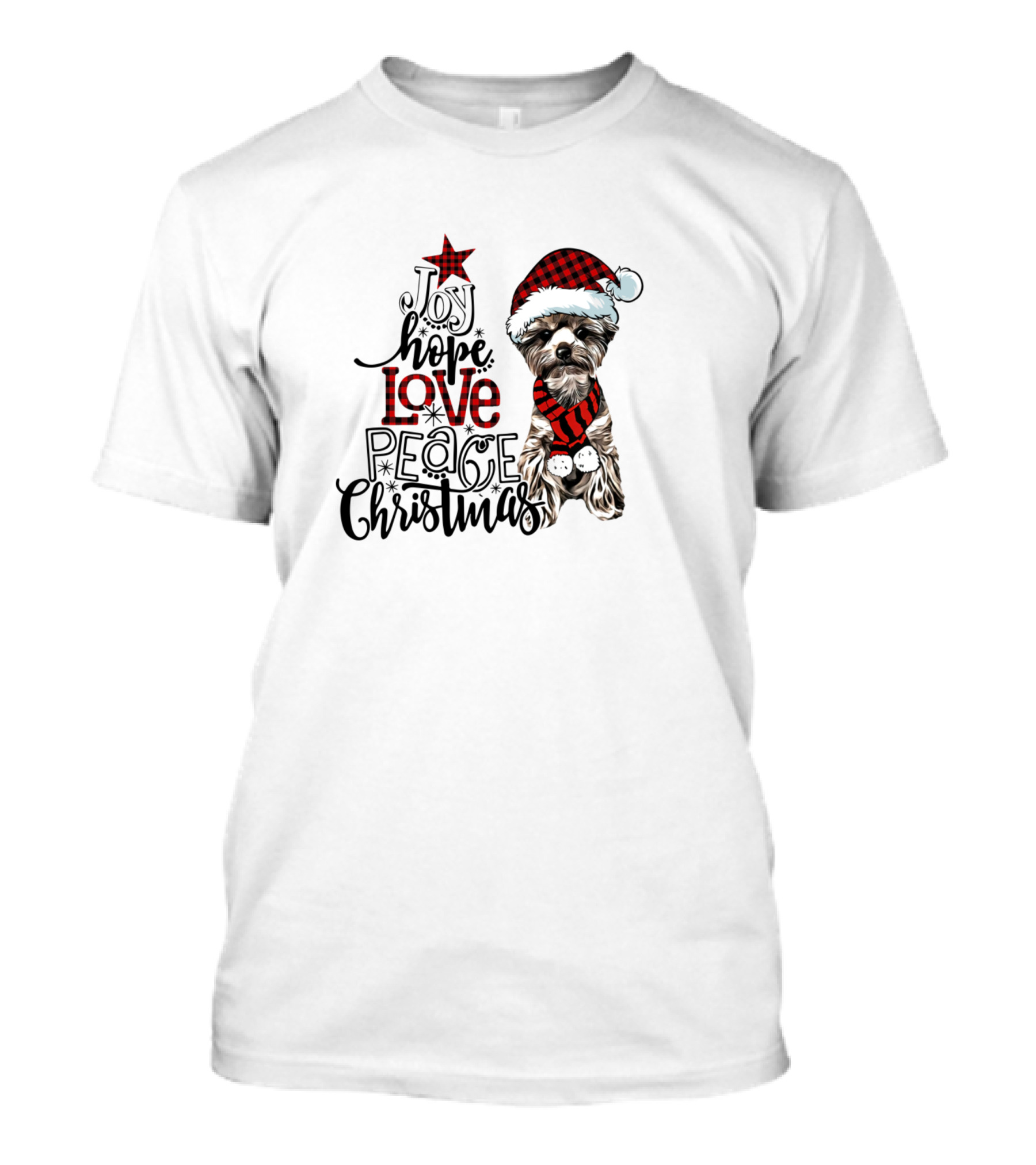Joy Hope Love Peace Christmas Yorkshire Terrier Santa Hat Red Scarf T-Shirt