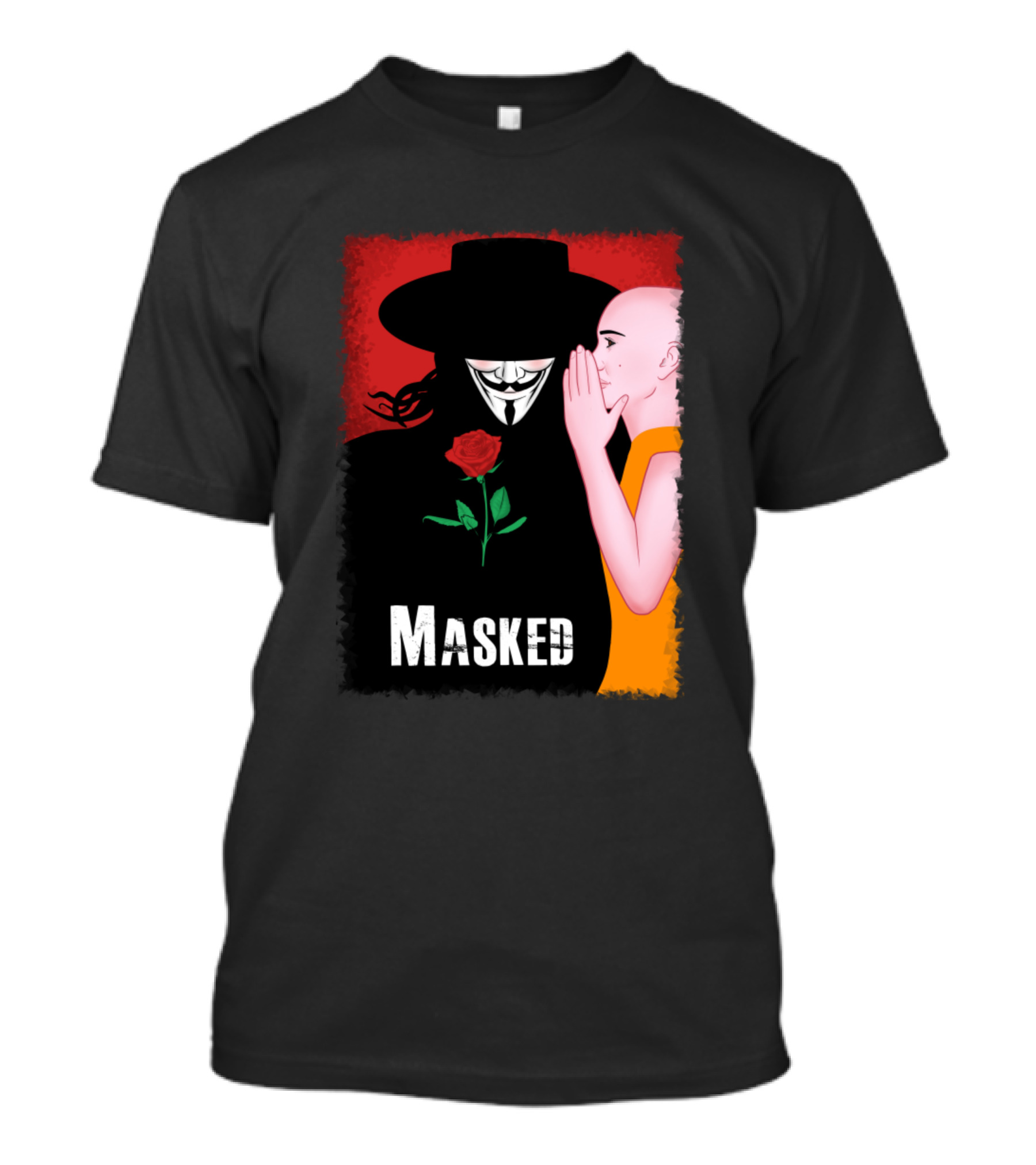 Masked Guy Fawkes And Young Monk With Red Rose T-Shirt