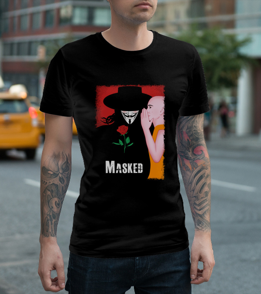 Masked Guy Fawkes And Young Monk With Red Rose T-Shirt